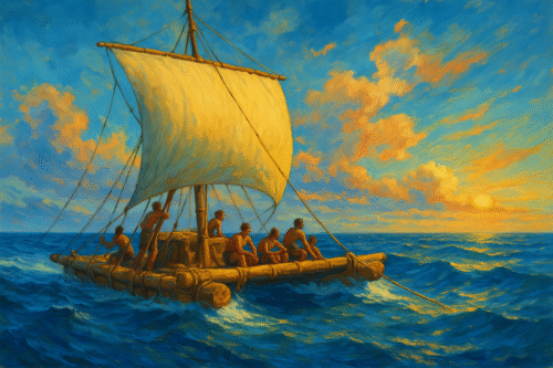 Zattera del Kon-Tiki sull’oceano, simbolo di leadership adattiva e fiducia nel team: seguire la corrente, non perdersi, trasformare l’incertezza in possibilità.