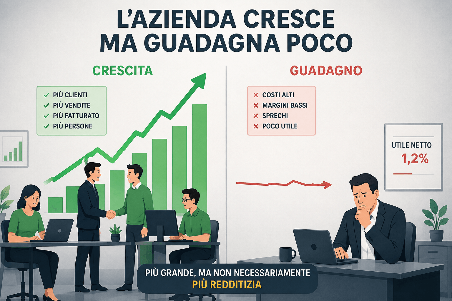 Centro operativo con indicatori di crescita aziendale e redditività