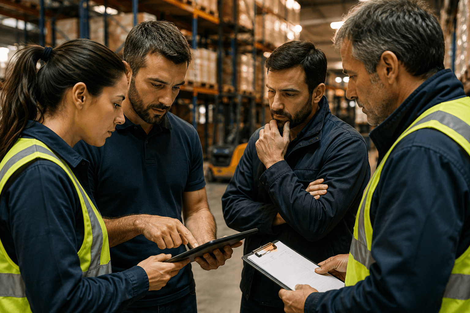 Riunione operativa tra responsabili di logistica e magazzino durante un briefing